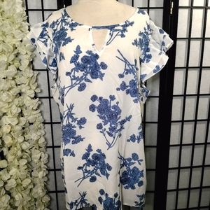 BLOOMCHIC Floral Ruffled Button Round Neck Blouse White/Blue Size 16